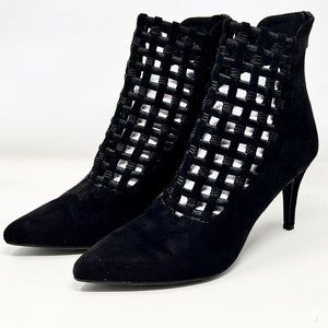 Impo Black Faux Suede Stretch Ankle Boots Lattice Cutwork Zipper Back 3.5”‎ Heel